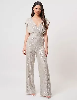 £75 • Buy Forever Unique Silver Sequinned Jumpsuit Size 14