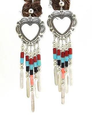 Signed QT Southwestern 925 Sterling Silver Heart Fringed Dangle Earrings • $34