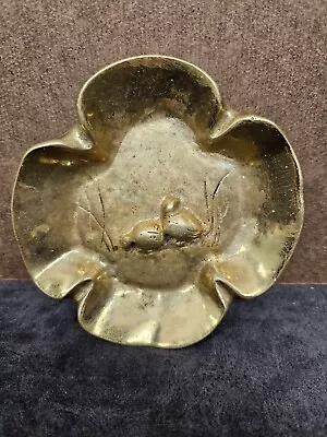 Virginia Metal Crafters Heavy Brass Ashtray/Trinket Dish - 4 Leaf Clover & Quail • $16