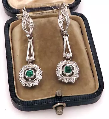 Vintage Palladium ART DECO ANTIQUE DIAMOND COLOMBIAN EMERALD DROP Earrings #M20 • $299.95