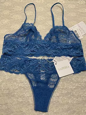 La Perla Freedom Collection 34B Triangle Lace Bra Thong Panty Set Blue • $179.99