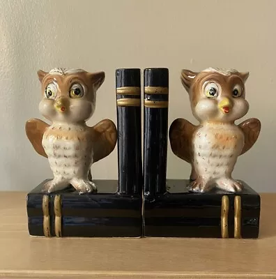 Kitsch Anthropomorphic Vintage Owl Bookends One W Repairs Black Brown Gold Trim • $21.49