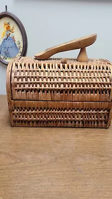 Vintage Footed Rattan Woven Wicker Wooden Shoe Shine Box Stool Polishing Spain • $24.90