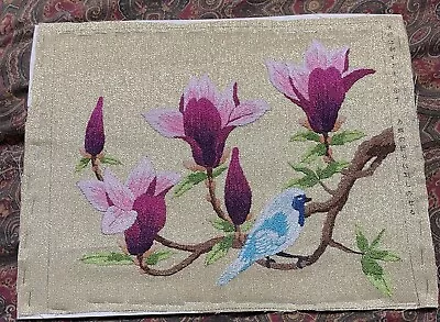 Handmade Needlepoint Art Bird And Flowers On Gold Fabric 11 By 14  • $9.99