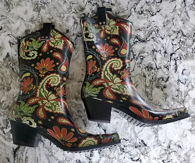 Corkys Boots Women 7 Black Multicolor Paisley Cowgirl Heel Pointed Toe Mid Calf • $14.95