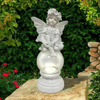 £14.95 • Buy Solar Crackle Ball Light With Decorative Fairy Statue Outdoor Garden Ornament
