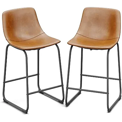 26in Bar Stools Set Of 2 Counter Height With Back PU Leather Dining Chairs Brown • $94.99
