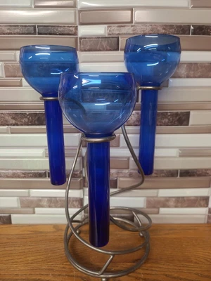 $40 • Buy Cobalt Blue 3 Tier Tiered Floating Candle Vase Holder Glass Silver Tone Metal