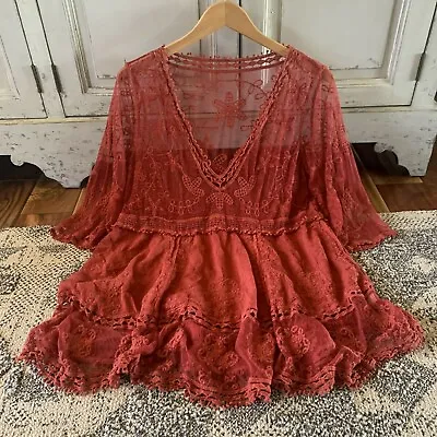 XL New Red Lace Crochet Boho Folk Tunic Blouse Top Cover-Up Womens X-LARGE OS • $54.50