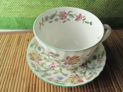 Minton HADDON HALL  Oversized Cup & Saucer Green Trim Chintz Floral • $49.50