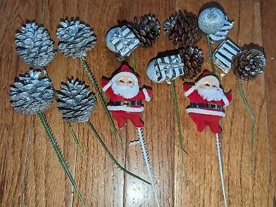 10 Vintage Christmas Floral Picks Santa Gifts Pine Cones Christmas Bulbs • $7.99