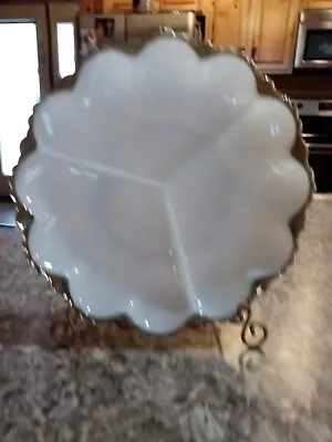 White Milk Glass Divided Dish Serving Platter Gold Scalloped Rim MCM Vintage • $9