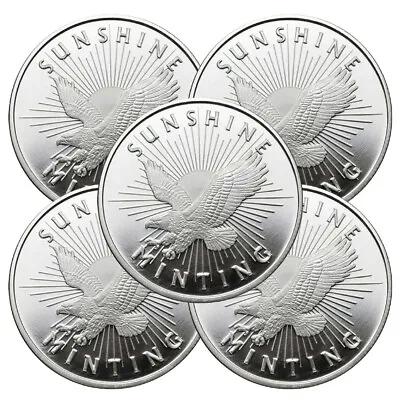 Lot Of 5 - 1 Troy Oz Sunshine Minting .999 Fine Silver Round Mint Mark SI • $153.60