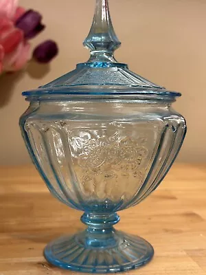 Anchor Hocking Blue Mayfair Open Rose Candy Dish Jar With Lid Depression Glass • $110