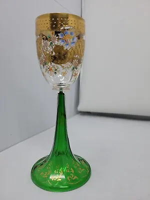 Antique Bohemian Moser Wine Glass W/ Green Trumpet Stem 19th Century #2 • $250