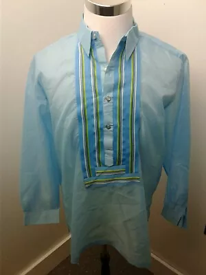 Mens Luxury Hand Made Sz L Long Sleeve Satin Light Blue Tunic Shirt E8 • $39.99