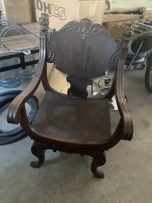 Antique Oak Lion Head Carved Savonarola Throne Chair  • $750