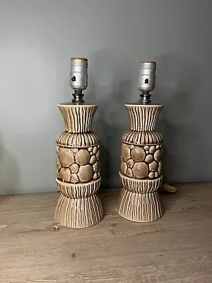 Pair Of Vintage Mid Century Modern Lamps  Tan Brown Retro Pottery Lamps • $85