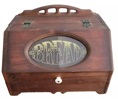Vintage Wood Wooden Bread Box With Glass Window Stenciled Rustic Charm Kitchen • $29.99