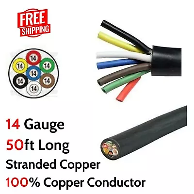 50ft Power Cable Cord 14 Gauge 7 Way Conductor Stranded Copper Wire RV Trailer • $141.46