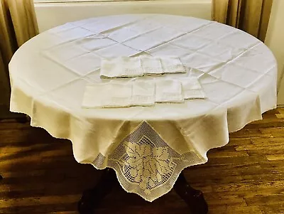 Vintage White Square Tablecloth  & Napkins With Lovely Handmade Crochet  Trims • $36