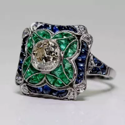 Art Deco Cocktail Lab-Created Diamond Emerald Floral Engagement 925 Silver Ring • $91