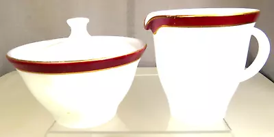 Pyrex Sugar Bowl W/Lid And Creamer Burgundy Band With 2 Bands Of Gold Trim • $9.99