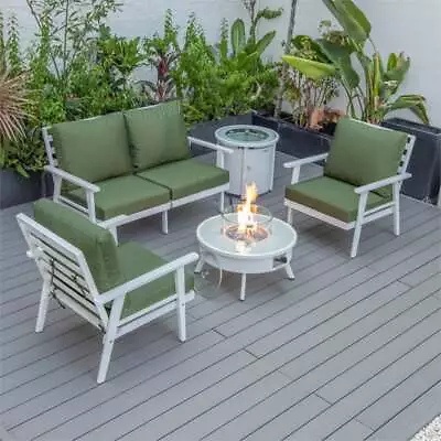 LeisureMod Walbrooke White Aluminum Patio Sofa Set Round Fire Pit Green • $3179.12