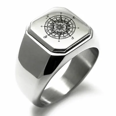 Stainless Steel Nautical Vintage Compass Mens Square Biker Style Signet Ring • $15