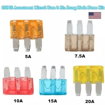 25PCS Assortment Micro3 Fuse 3 Pin Prong Blade Fuses Kit 5A 7.5A 10A 15A 20A Kit • $9.99