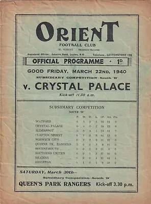 £160 • Buy Clapton Orient V Crystal Palace Programme 22.3.1940