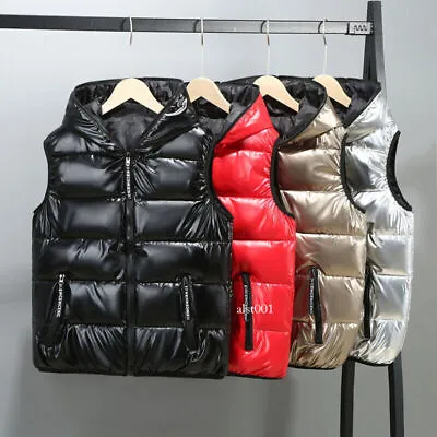Mens Puffer Quilted Hooded Waistcoat Metallic Shiny Gilet Bubble Jacket Coat • $34.50