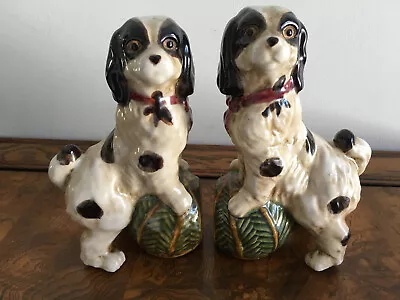 Vintage Majolica Staffordshire Style King Charles Spaniel Dog Ceramic Bookends • $89.99