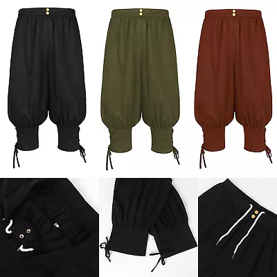 Mens Renaissance Costume Knee Length Bloomers Lace-up Pirate Pants Lightweight • £26.50