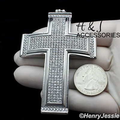 Men Stainless Steel Icy Bling Cz Silver 3d Oversize Cross Pendant*aip20 • $29.99