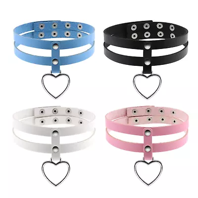 Women's Punk Double Layer Leather Choker Heart O-Ring Collar Necklace Adjustable • $11.99