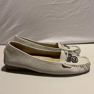 Michael Kors Loafer Size 7M White Leather Slip On MK Charm Accent [E1] • $29.99