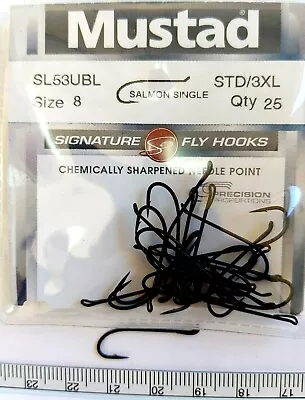 MUSTAD  SL53UBL  Size:8      SALMON SINGLE    STD/3XL  Qty 25   Fly Tying Hooks • $8.01