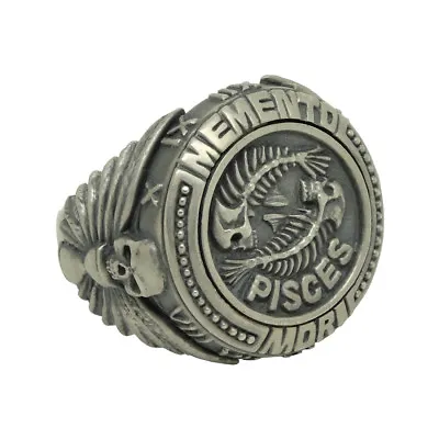 Skull Pisces Zodiac Biker Men's Masonic Sterling Silver Ring Memento Mori  • $133.50