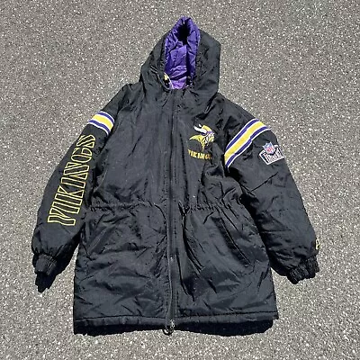 Vintage Minnesota Vikings Jacket Men Large Black Mid Length Cinch NFL Y2K Puffer • $60