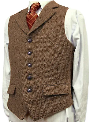 Mens Tweed Waistcoats Vintage Formal Wedding Herringbone Wool Vest 42 44 46 48 • £23.96