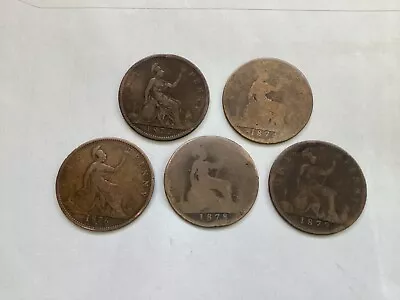 Five Victoria  Bun  Pennies From The 1870s Dated 1872 1874 1876 1878 1879 • £10