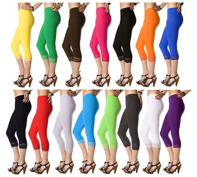 Cropped Leggings With Lace Cotton 3/4 Length Summer Colours & Sizes High Quality • £9.99