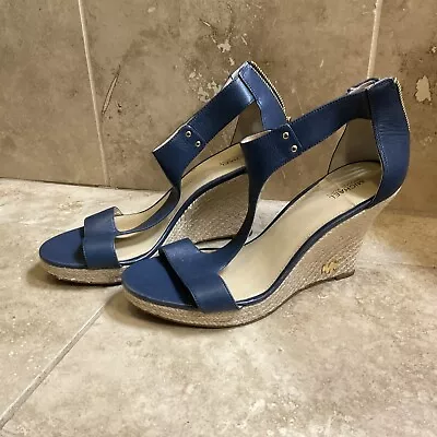 MICHAEL Michael Kors Womens Blue Leather Wedge Ankle Strap Heels Size 10 M • $10