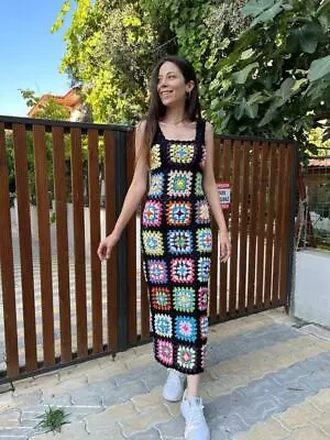 Crochet Granny Square Dress  Vintage Dress Colorful Dress  Rainbow Crochet Dr • $68