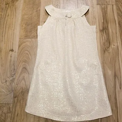 BB Dakota Retro 60s Mod Ivory & Gold Mini Dress Cotton Lurex Size M Pockets • £38.49
