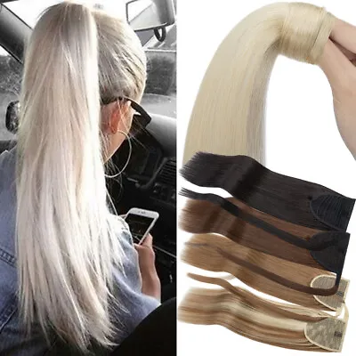 US Long Clip In Remy Human Hair Extensions Wrap Around Ponytail Hairpiece Blonde • $63.68