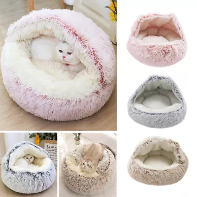 Pet Cat Calming Bed Cuddle Plush Cave Hooded Soft Warm Igloo Sleeping Nest House • £8.95