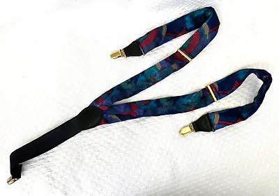 VTG 80's Pelican Suspenders Gold Tone PU Leather Braces Silk Abstract Multicolor • $12.99