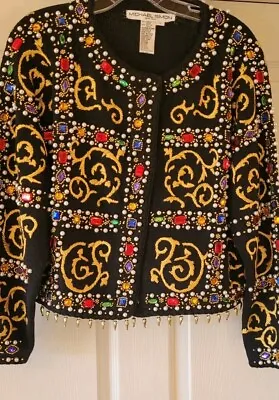 Michael Simon Jeweled Embroidered Beaded Sweater Jacket Size 38 Chest His Size 1 • $124.77